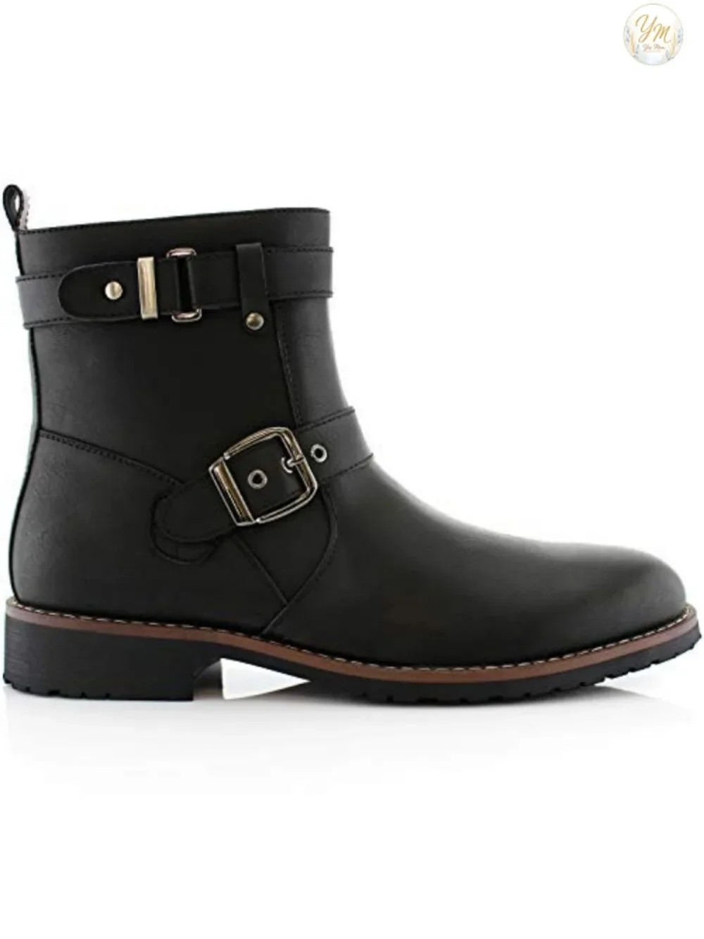 Engineer Boot with Buckle Straps & Side Zipper - Faux Leather